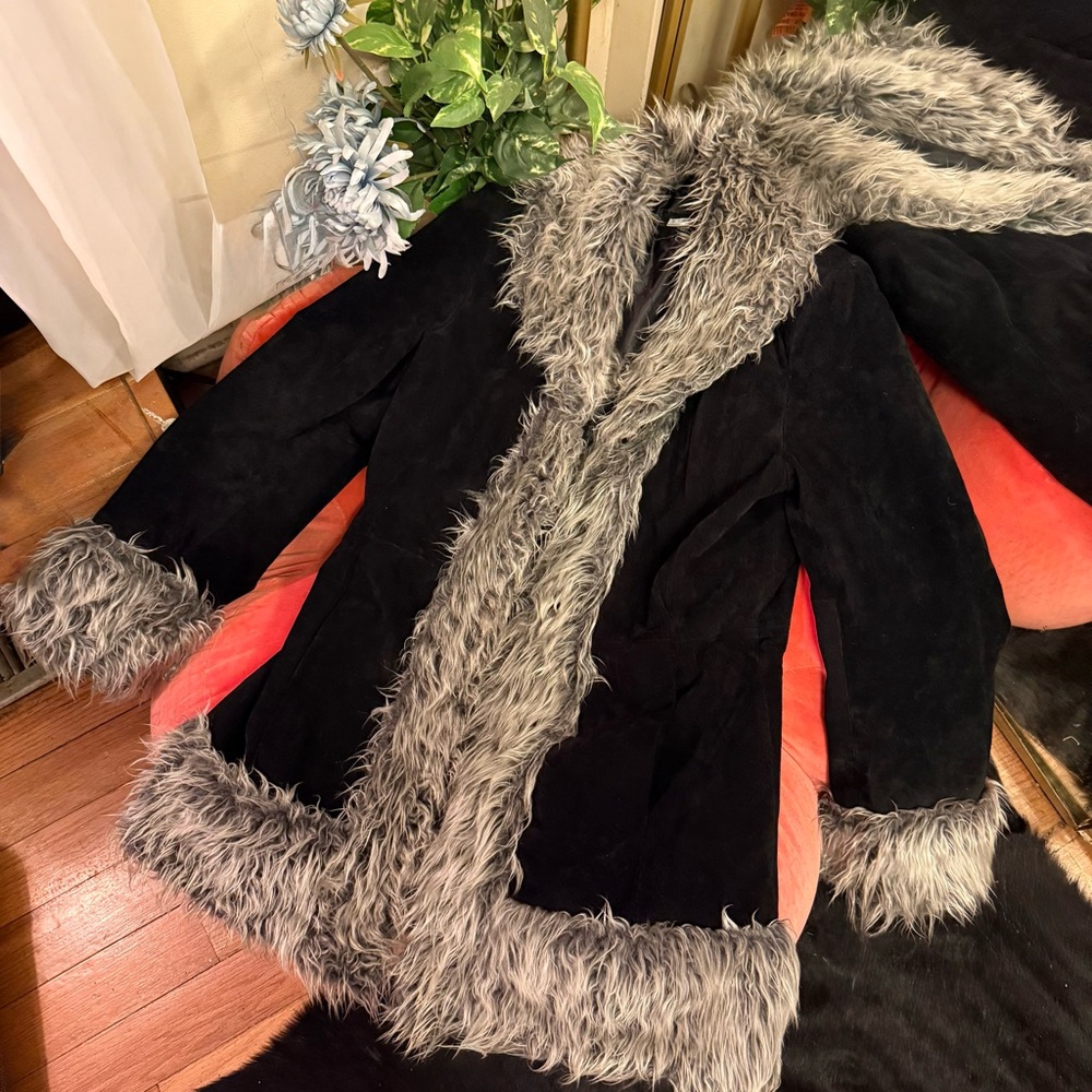 Vintage Navy Teddy Afghan Jacket with Silver Gray Faux Fur
